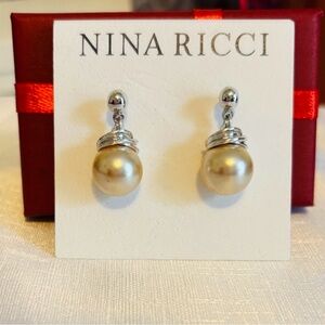 Nina Ricci Silver and Cream Pearl Drop Earrings